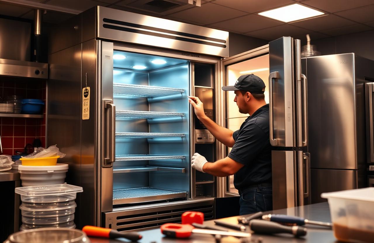Technician repairing a commercial oven in a restaurant kitchen
