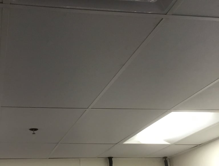 Commercial drop ceiling and FRP wall panel installation in a restaurant kitchen