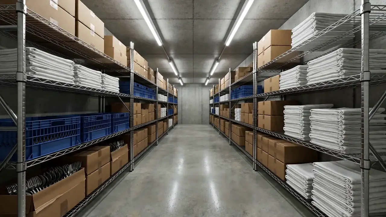 Commercial dry storage room with wire shelving racks holding linens, bus tubs, and boxed inventory along a clean concrete aisle