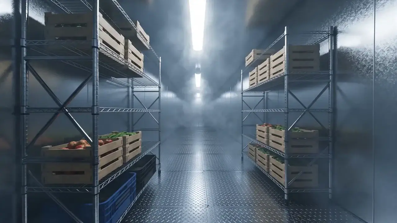 Inside a commercial walk-in cooler with stainless steel panels, diamond-plate floor, and wire shelving stocked with produce crates